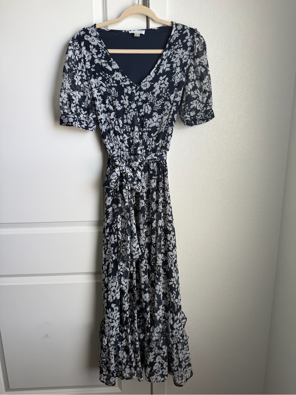 Calvin Klein Navy Blue and White Floral V-Neck Maxi Dress